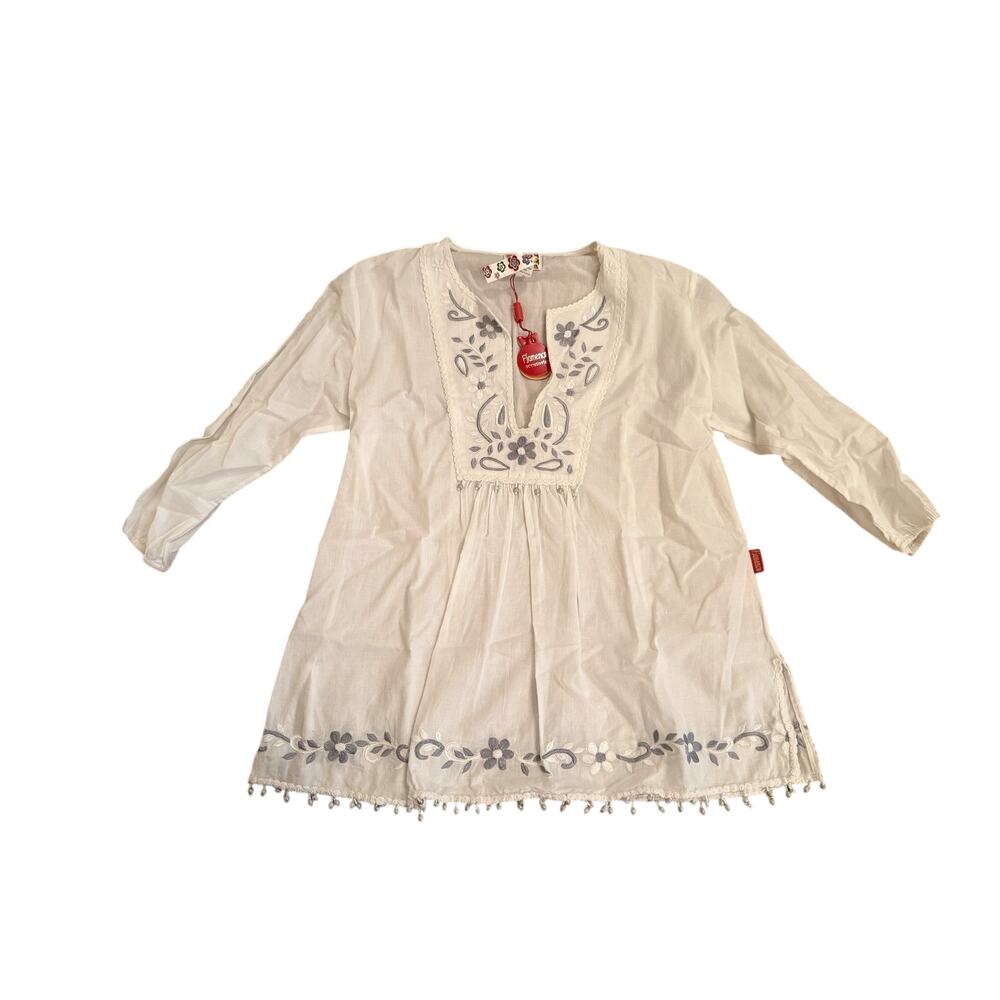 Flamenco NWT Amalia Camisa White Embroidered Silver Beaded Blouse - M